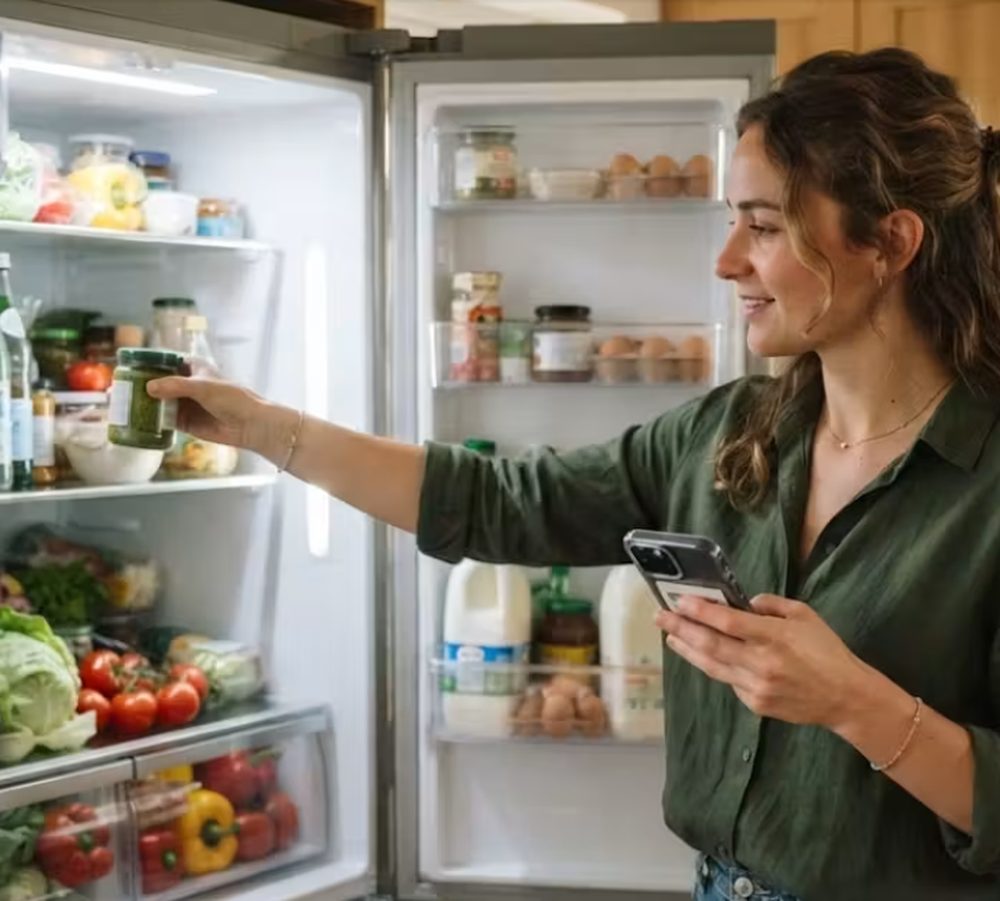 Frau nimmt Produkt aus offenem Kühlschrank, Handy in der Hand